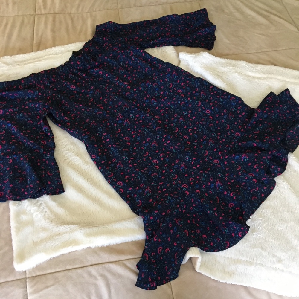 EUC Aqua off the shoulder blue floral ruffle dress